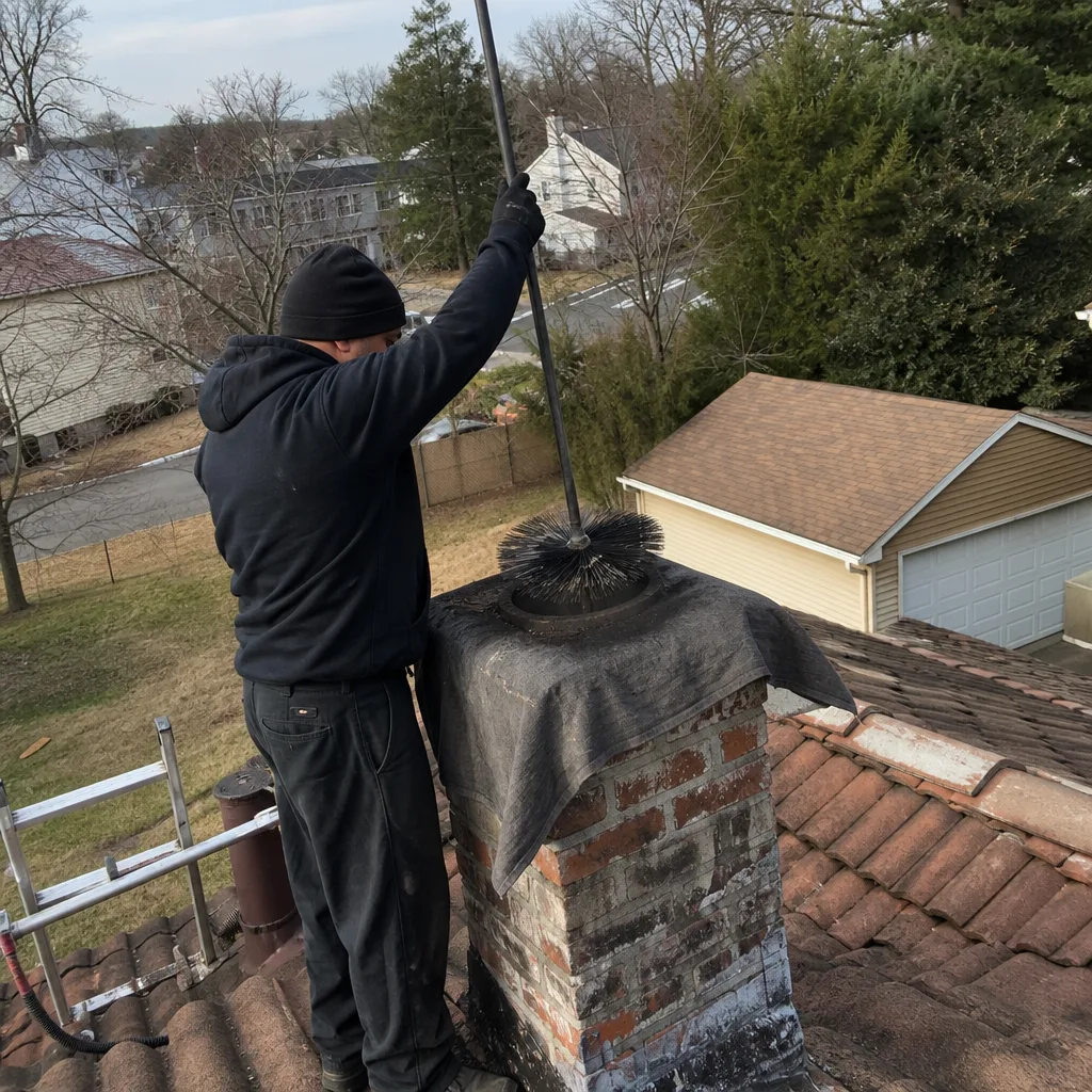 Professional chimney sweep cleaning a brick chimney on a residential roof