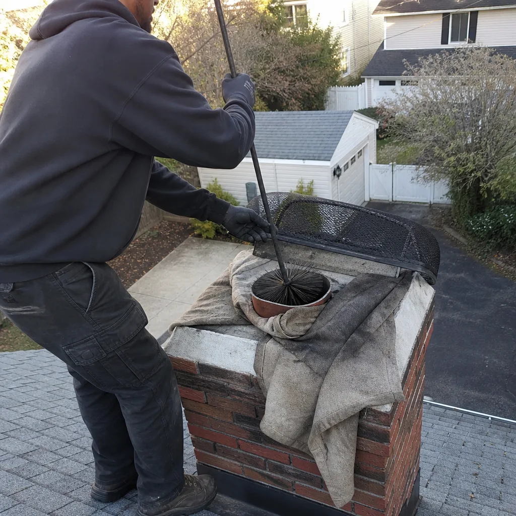 Professional chimney sweep cleaning a brick chimney from the roof