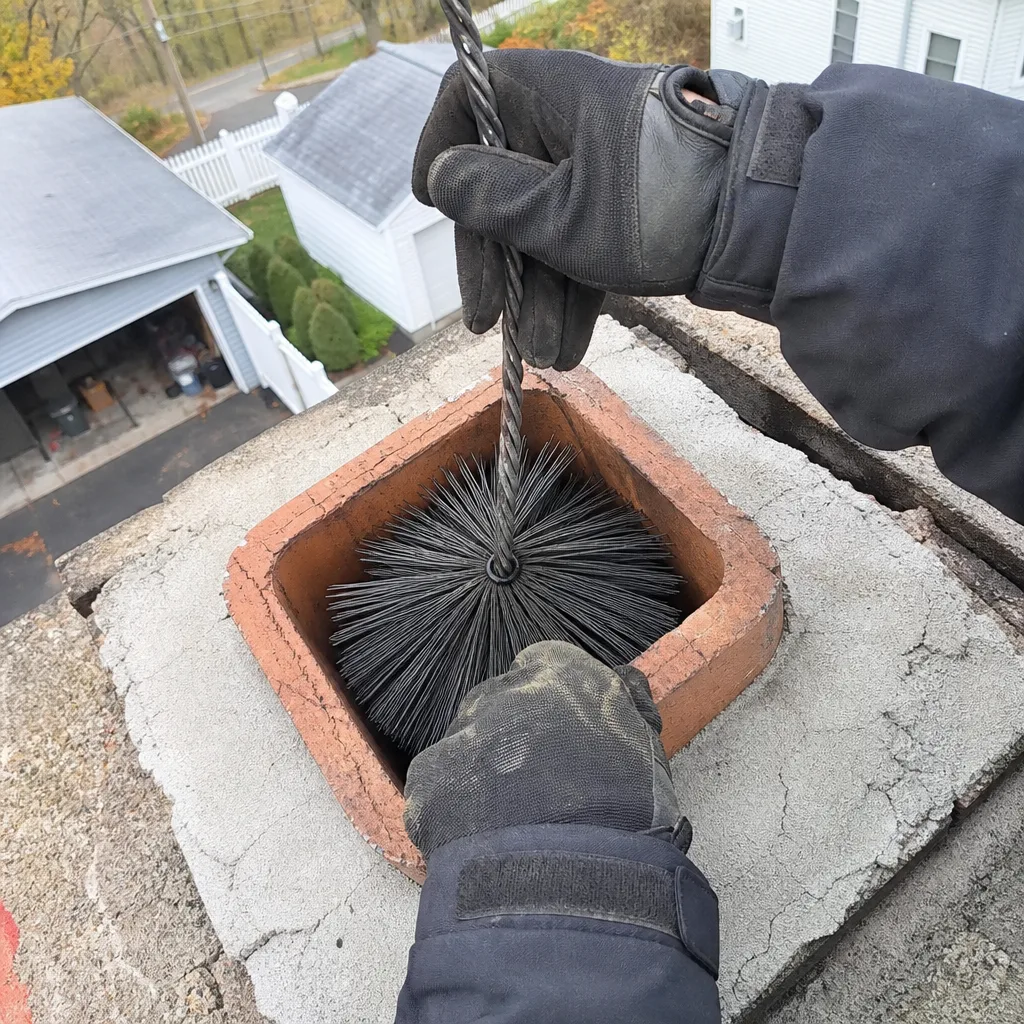 Professional chimney sweep cleaning a brick chimney flue from the rooftop