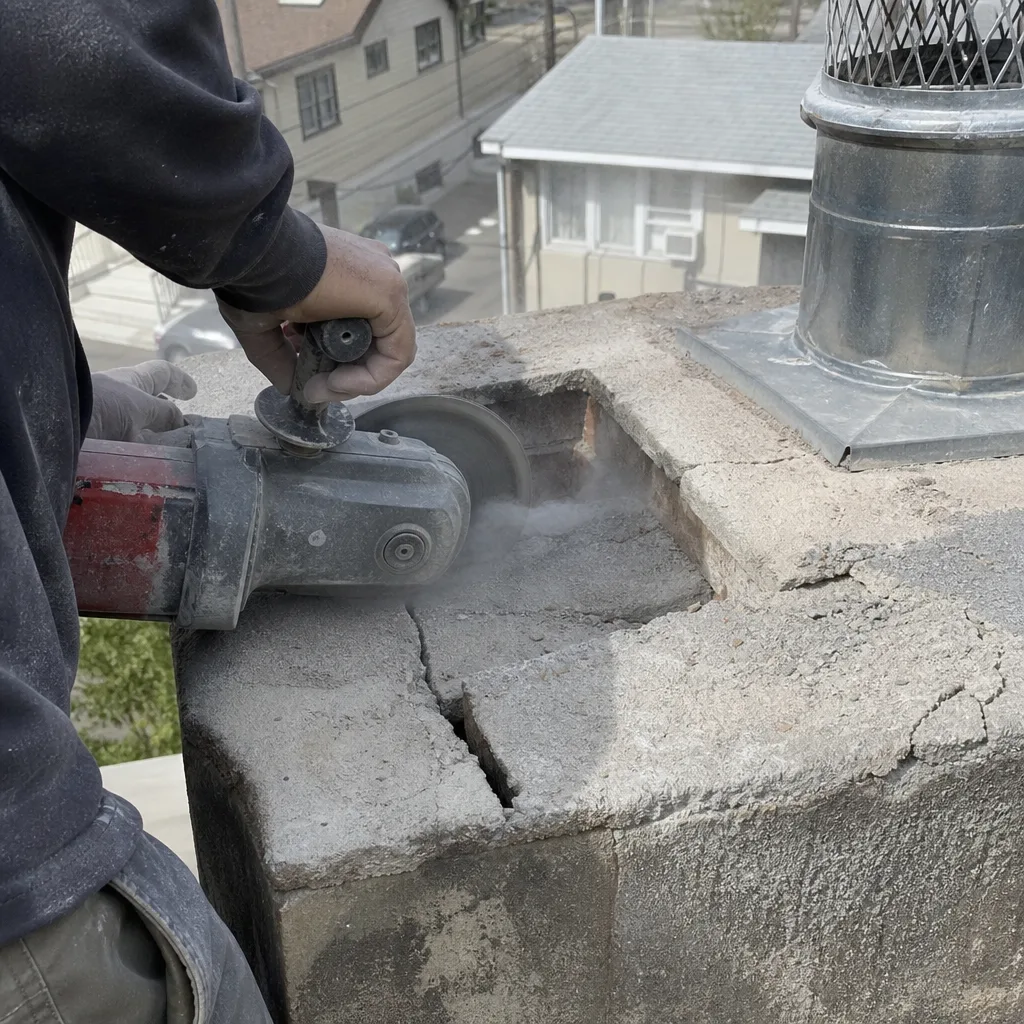 Professional performing concrete chimney crown repair using an angle grinder