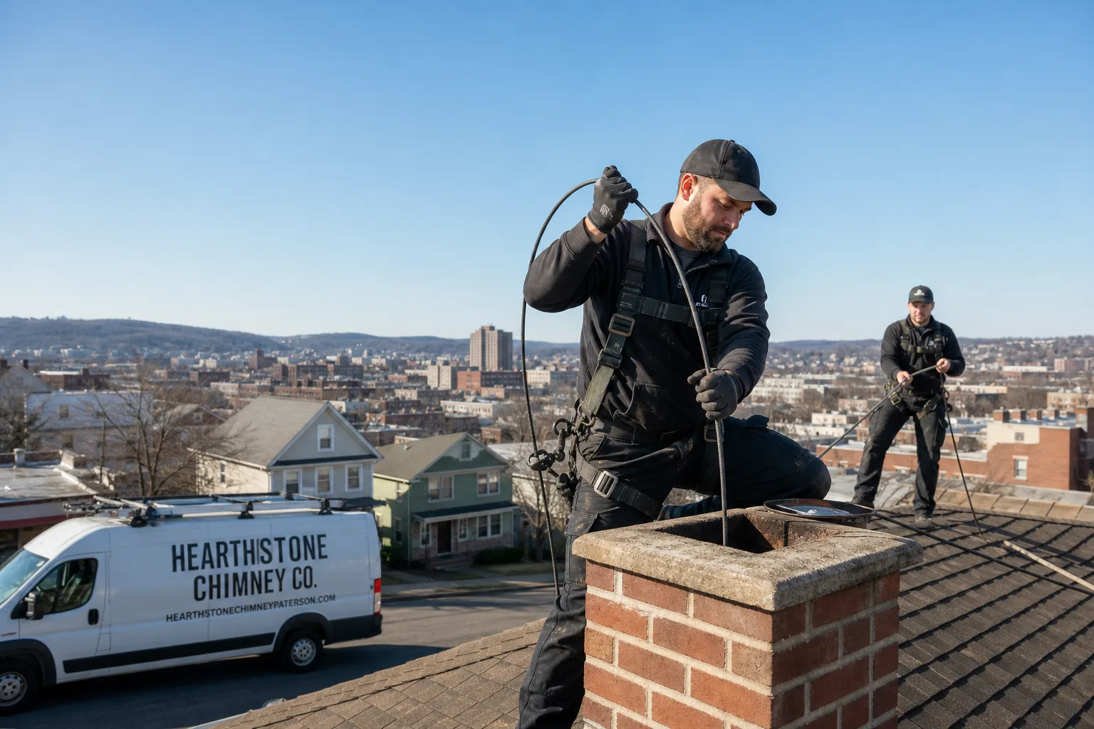 Hearthstone Chimney Co. chimney cleaning service vehicle and crew in Paterson, NJ